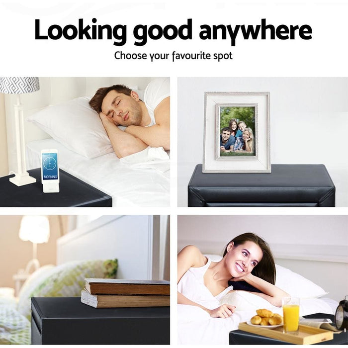 Artiss Pvc Pu Leather Bedside Table - Black