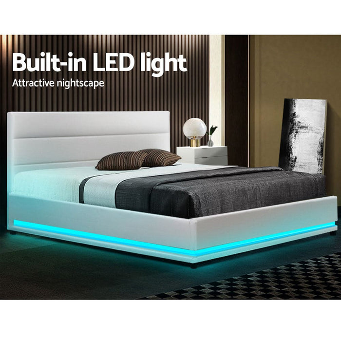 Artiss Lumi Led Bed Frame Pu Leather Gas Lift Storage