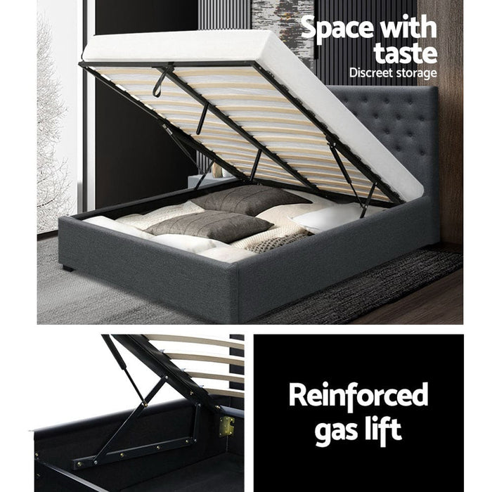 Artiss Vila Bed Frame Fabric Gas Lift Storage - Charcoal