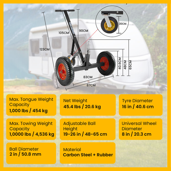 3-Wheel Adjustable Trailer Dolly Heavy-Duty Caravan Mover
