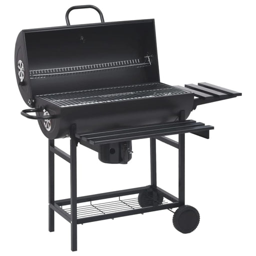 Barrel Grill With Wheels And Shelves Black Steel 115x85x95