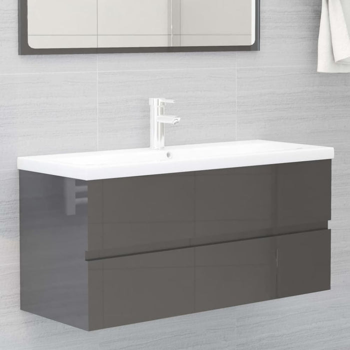 Bathroom Furniture Set Glossy Look Grey Chipboard Tbiolxb