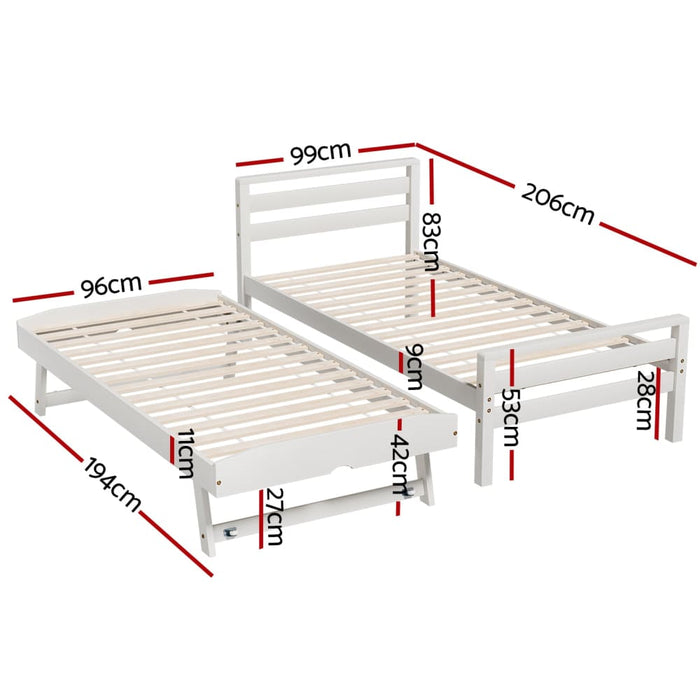 Bed Frame Single Size 2 - in - 1 Trundle Wooden White Avis