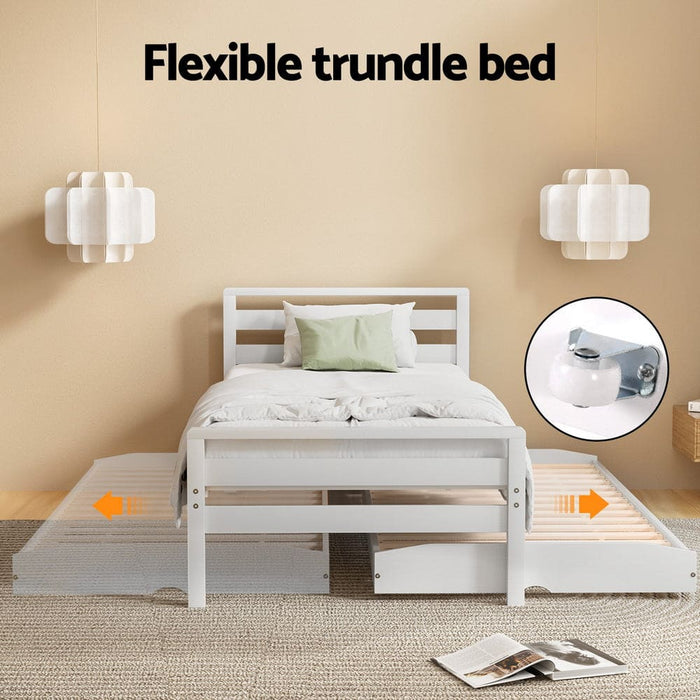 Bed Frame Single Size 2 - in - 1 Trundle Wooden White Avis