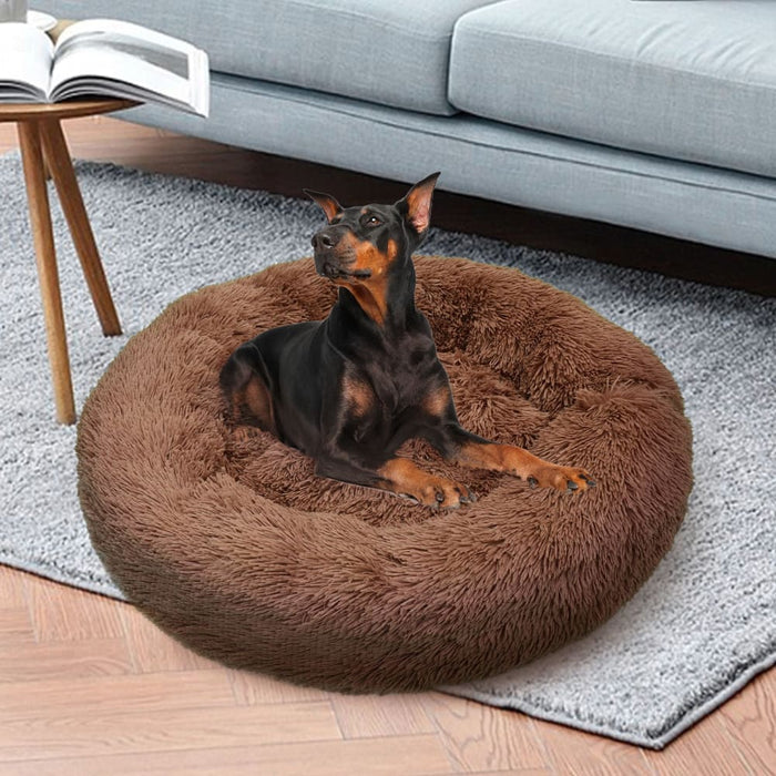 Pet Dog Bed Bedding Warm Plush Round Soft Nest Light Coffee