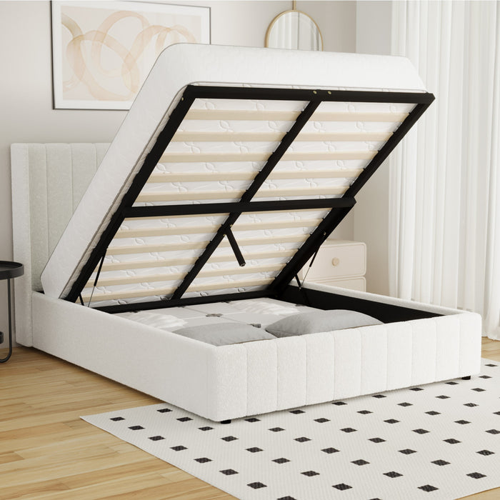 Bed Frame Double Size Gas Lift Base With Storage Boucle Fabric White