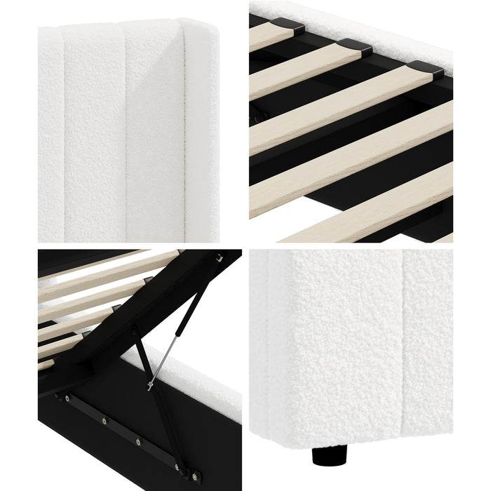 Bed Frame Double Size Gas Lift Base With Storage Boucle Fabric White