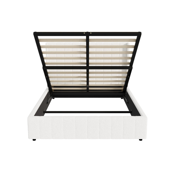 Bed Frame Double Size Gas Lift Base With Storage Boucle Fabric White