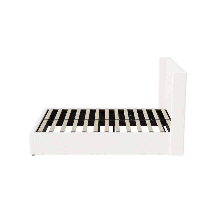 Bed Frame Double Size Gas Lift Base With Storage Boucle Fabric White