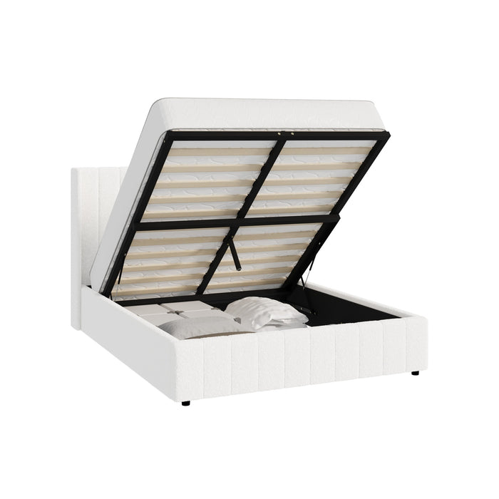 Bed Frame Double Size Gas Lift Base With Storage Boucle Fabric White