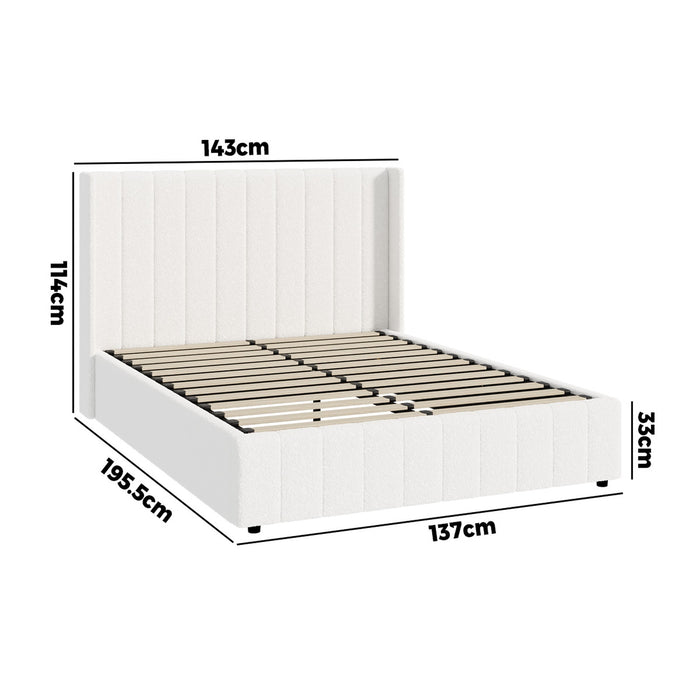 Bed Frame Double Size Gas Lift Base With Storage Boucle Fabric White