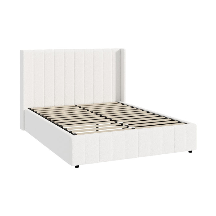 Bed Frame Double Size Gas Lift Base With Storage Boucle Fabric White