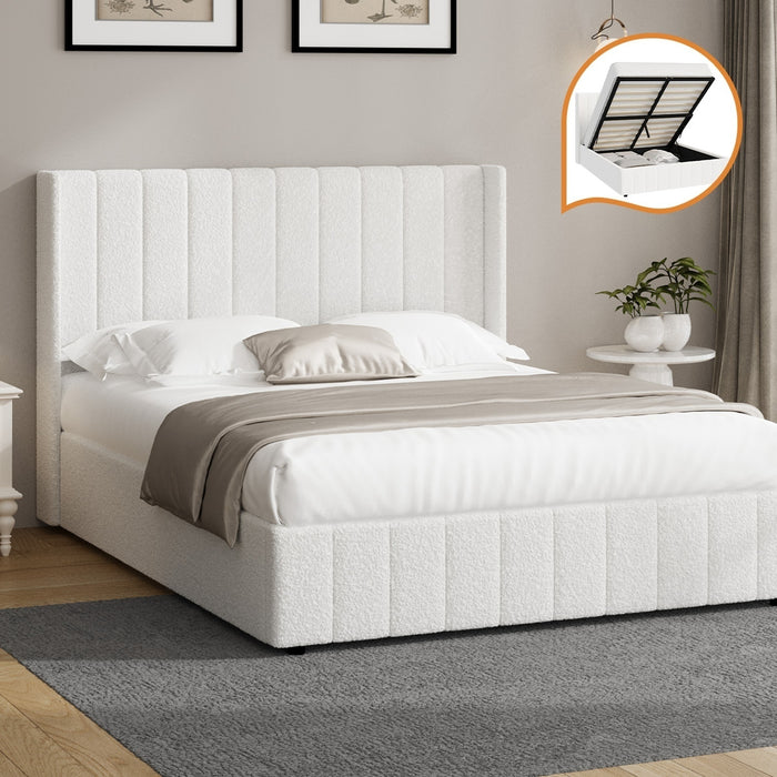 Bed Frame Double Size Gas Lift Base With Storage Boucle Fabric White