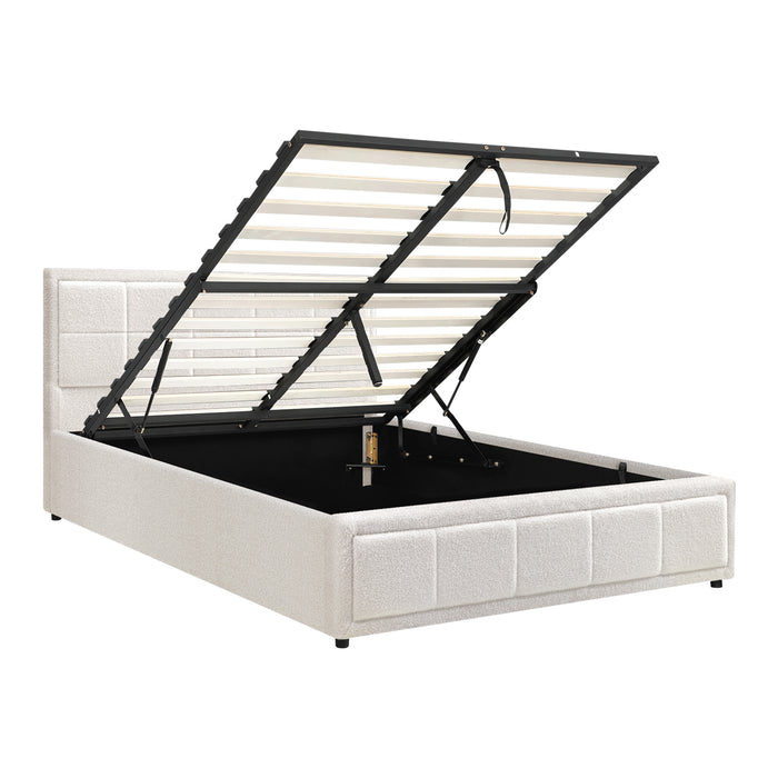 Bed Frame Double Size Gas Lift Storage Bed Platform Boucle White