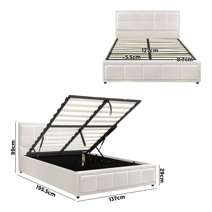 Bed Frame Double Size Gas Lift Storage Bed Platform Boucle White