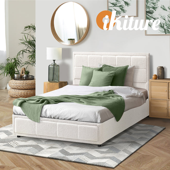 Bed Frame King Single Gas Lift Storage Bed Platform Boucle White