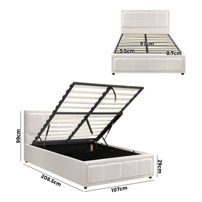 Bed Frame King Single Gas Lift Storage Bed Platform Boucle White