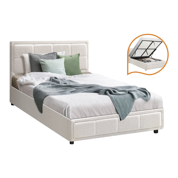 Bed Frame King Single Gas Lift Storage Bed Platform Boucle White