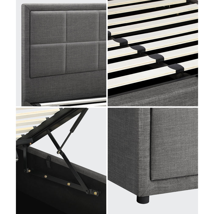 Bed Frame Queen Size Gas Lift Storage Base Fabric Grey