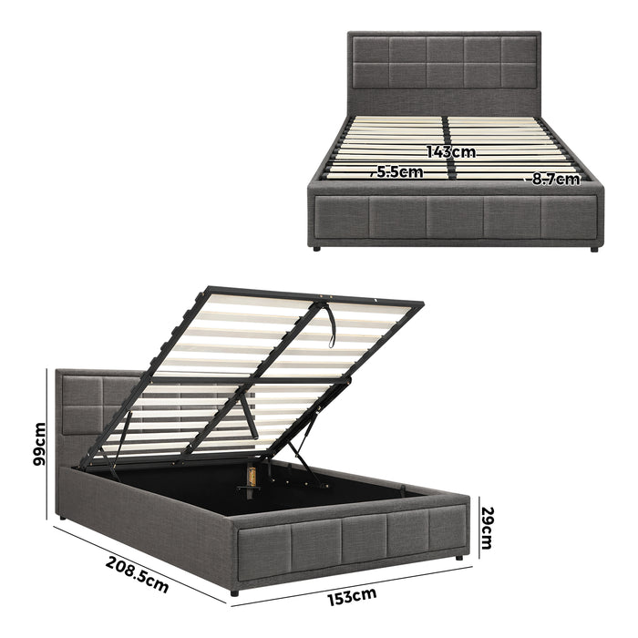 Bed Frame Queen Size Gas Lift Storage Base Fabric Grey