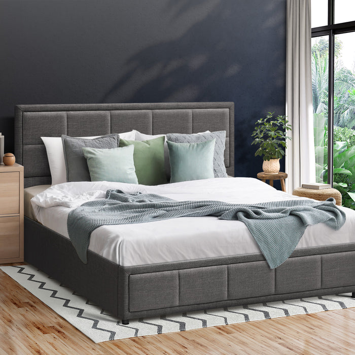 Bed Frame Queen Size Gas Lift Storage Base Fabric Grey