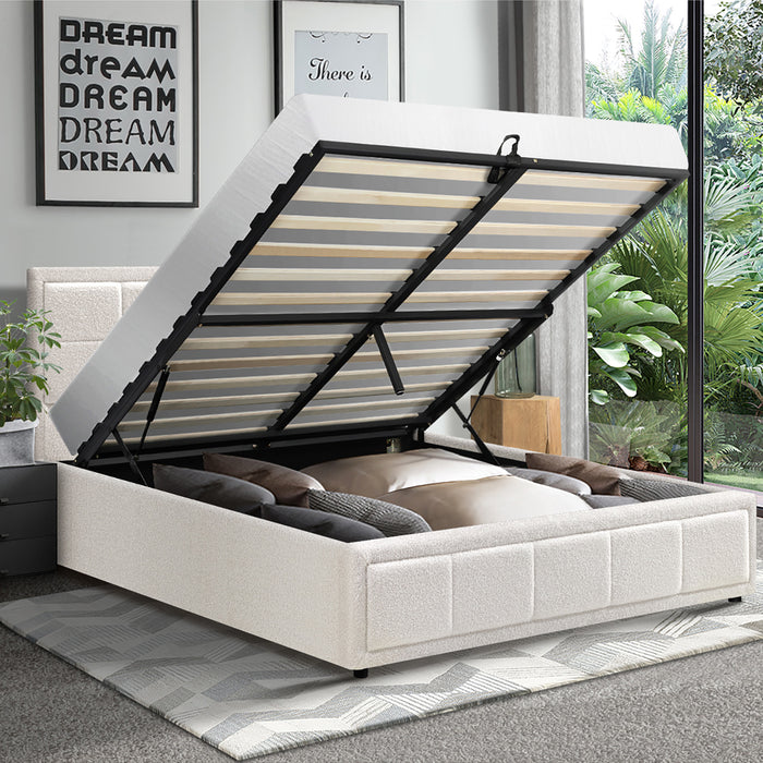 Bed Frame Queen Size Gas Lift Storage Bed Platform Boucle White