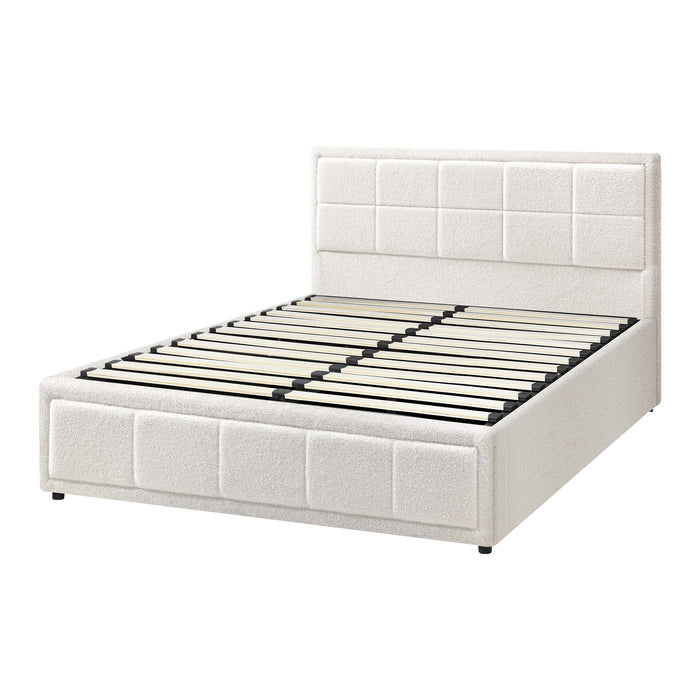 Bed Frame Queen Size Gas Lift Storage Bed Platform Boucle White