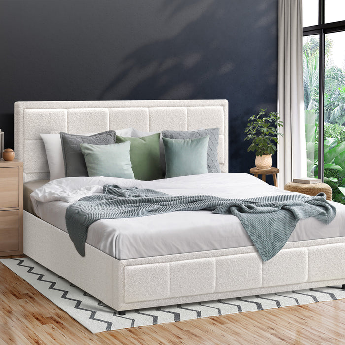 Bed Frame Queen Size Gas Lift Storage Bed Platform Boucle White