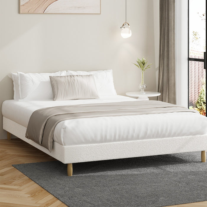 Bed Frame Queen Size Bed Base White Boucle