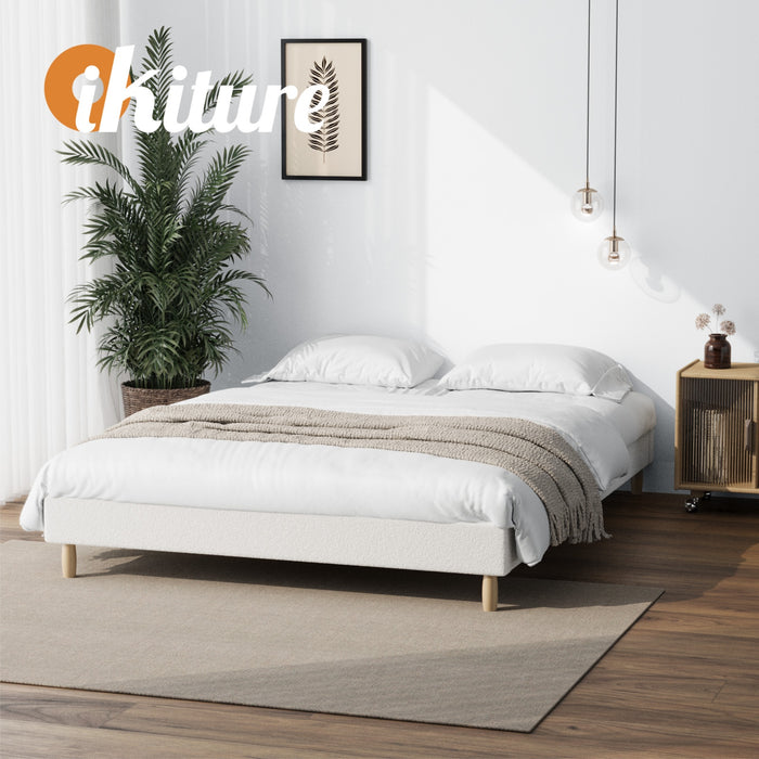 Bed Frame Queen Size Bed Base White Boucle