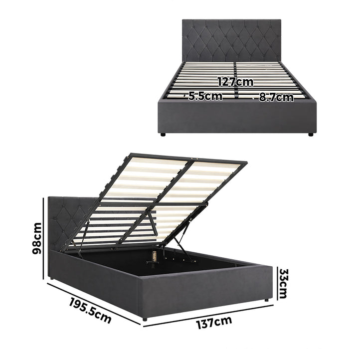 Bed Frame Double Size Gas Lift Storage Base Grey Velvet Coti