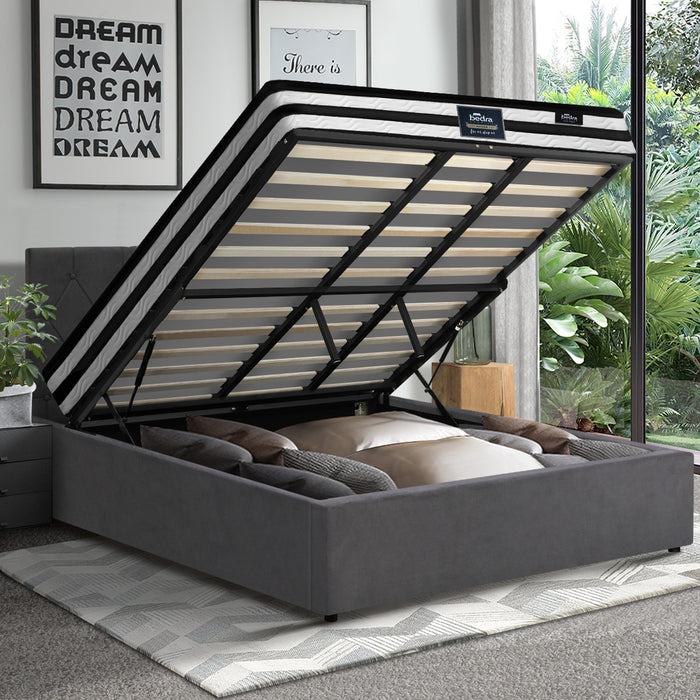 Bed Frame King Size Gas Lift Base With Mattress Velvet Grey