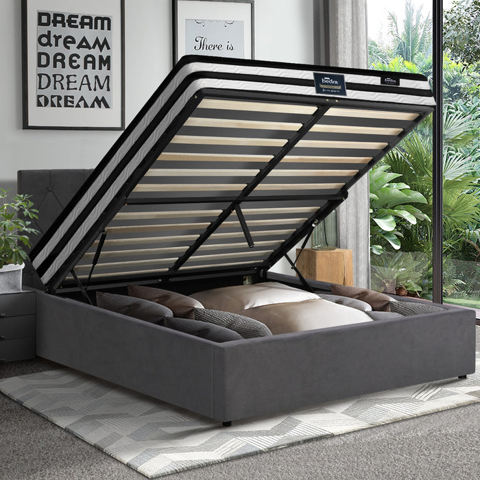 Bed Frame Queen Size Gas Lift Base With Mattress Velvet Grey
