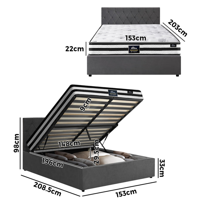 Bed Frame Queen Size Gas Lift Base With Mattress Velvet Grey