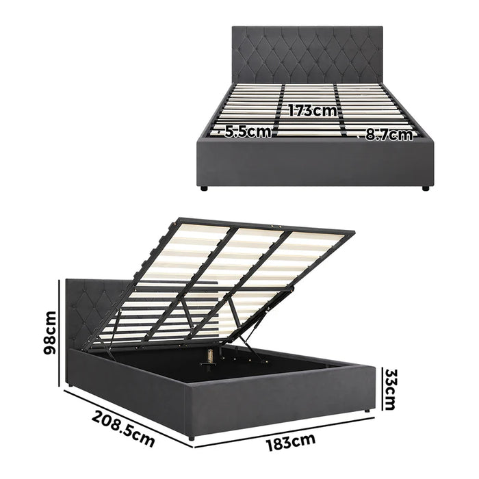 Bed Frame King Size Gas Lift Storage Base Grey Velvet