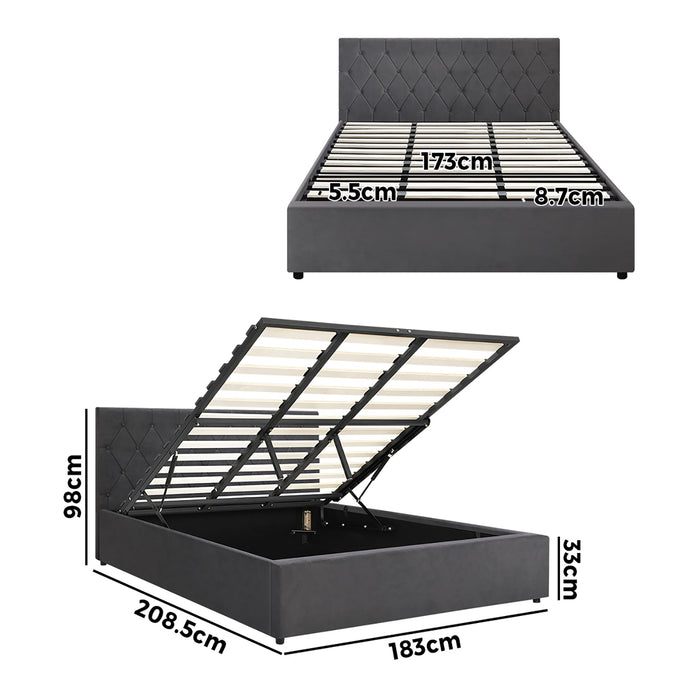 Bed Frame King Size Gas Lift Storage Base Grey Velvet Coti