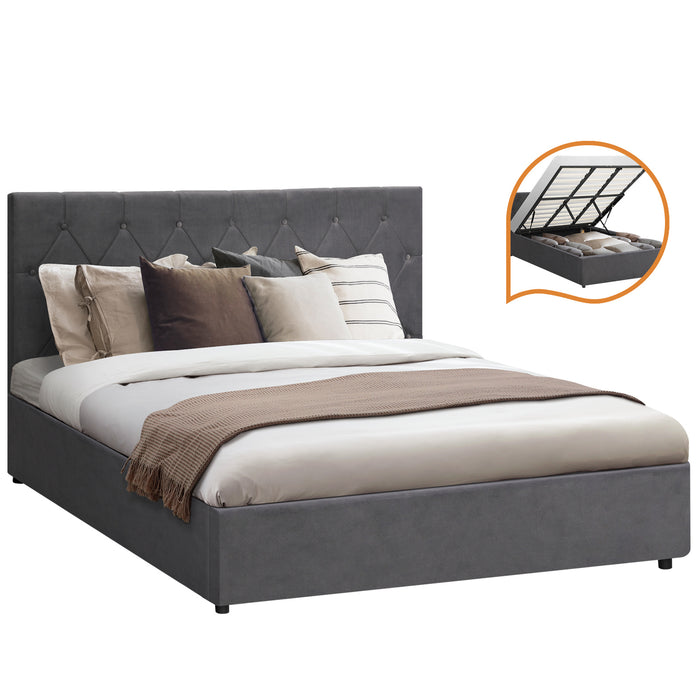 Bed Frame King Size Gas Lift Storage Base Grey Velvet
