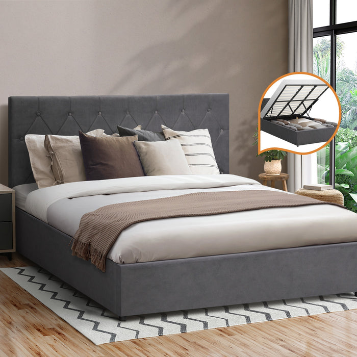 Bed Frame King Size Gas Lift Storage Base Grey Velvet Coti