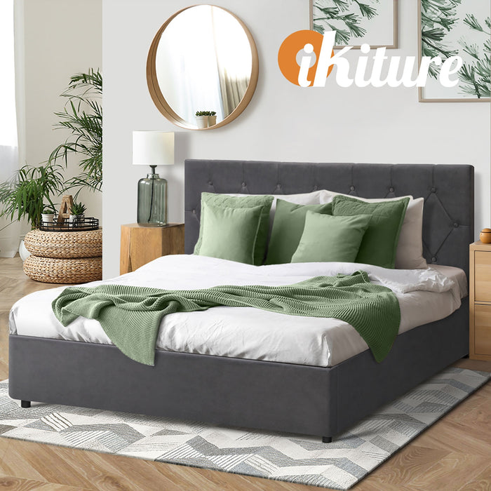 Bed Frame Queen Size Gas Lift Storage Base Grey Velvet Coti