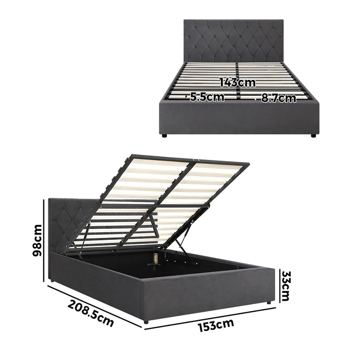 Bed Frame Queen Size Gas Lift Storage Base Grey Velvet Coti