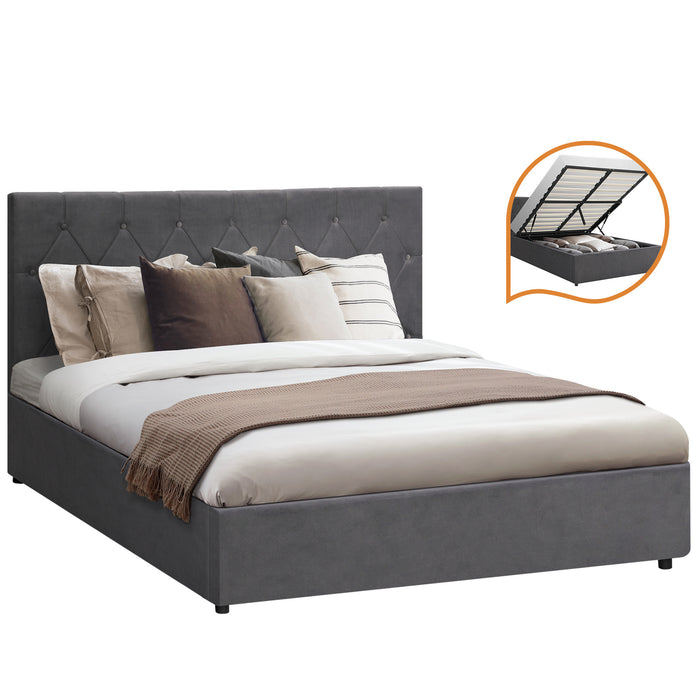 Bed Frame Queen Size Gas Lift Storage Base Grey Velvet Coti