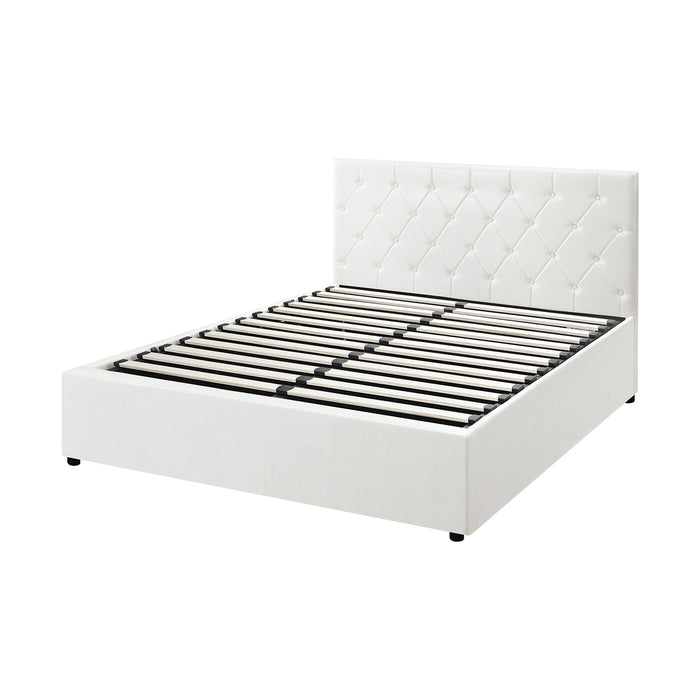 Bed Frame Queen Size Gas Lift Storage Base White Leather