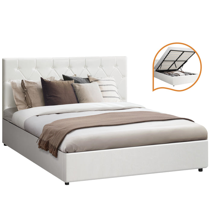 Bed Frame Queen Size Gas Lift Storage Base White Leather Coti