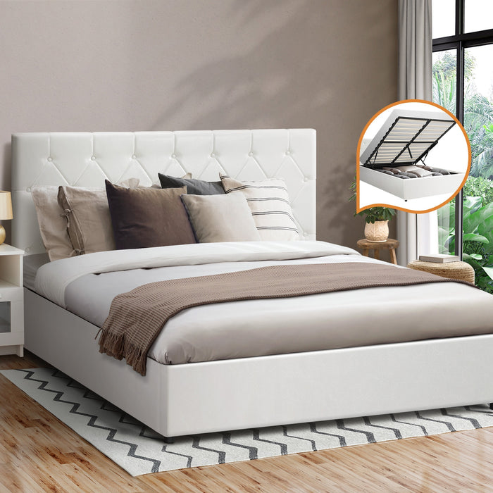 Bed Frame Queen Size Gas Lift Storage Base White Leather Coti