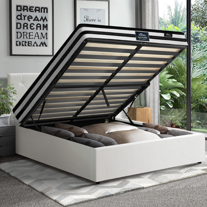 Bed Frame Double Size Gas Lift Base With Mattress White Leather