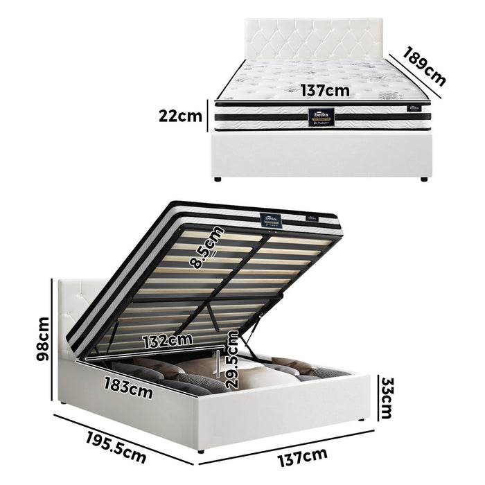 Bed Frame Double Size Gas Lift Base With Mattress White Leather