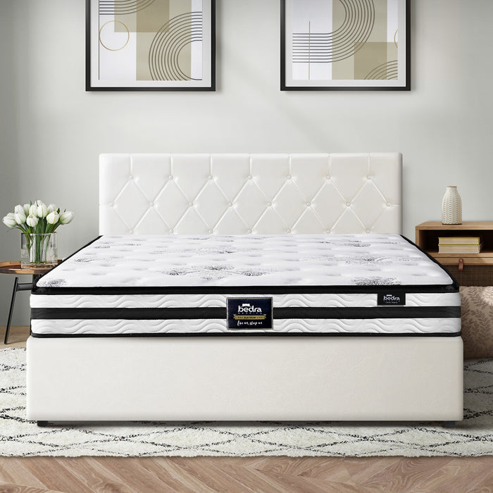 Bed Frame Queen Size Gas Lift Base With Mattress White Leather