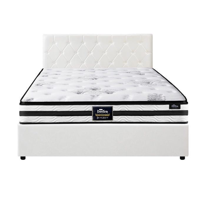 Bed Frame Queen Size Gas Lift Base With Mattress White Leather