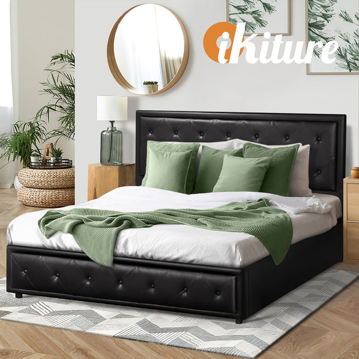 Bed Frame Double Size Gas Lift Base With Storage Black Leather