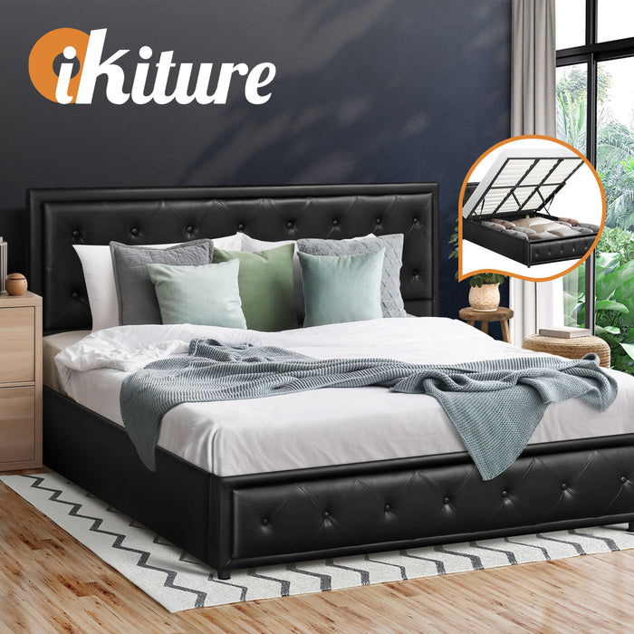 Bed Frame King Size Gas Lift Base With Storage Black Leather